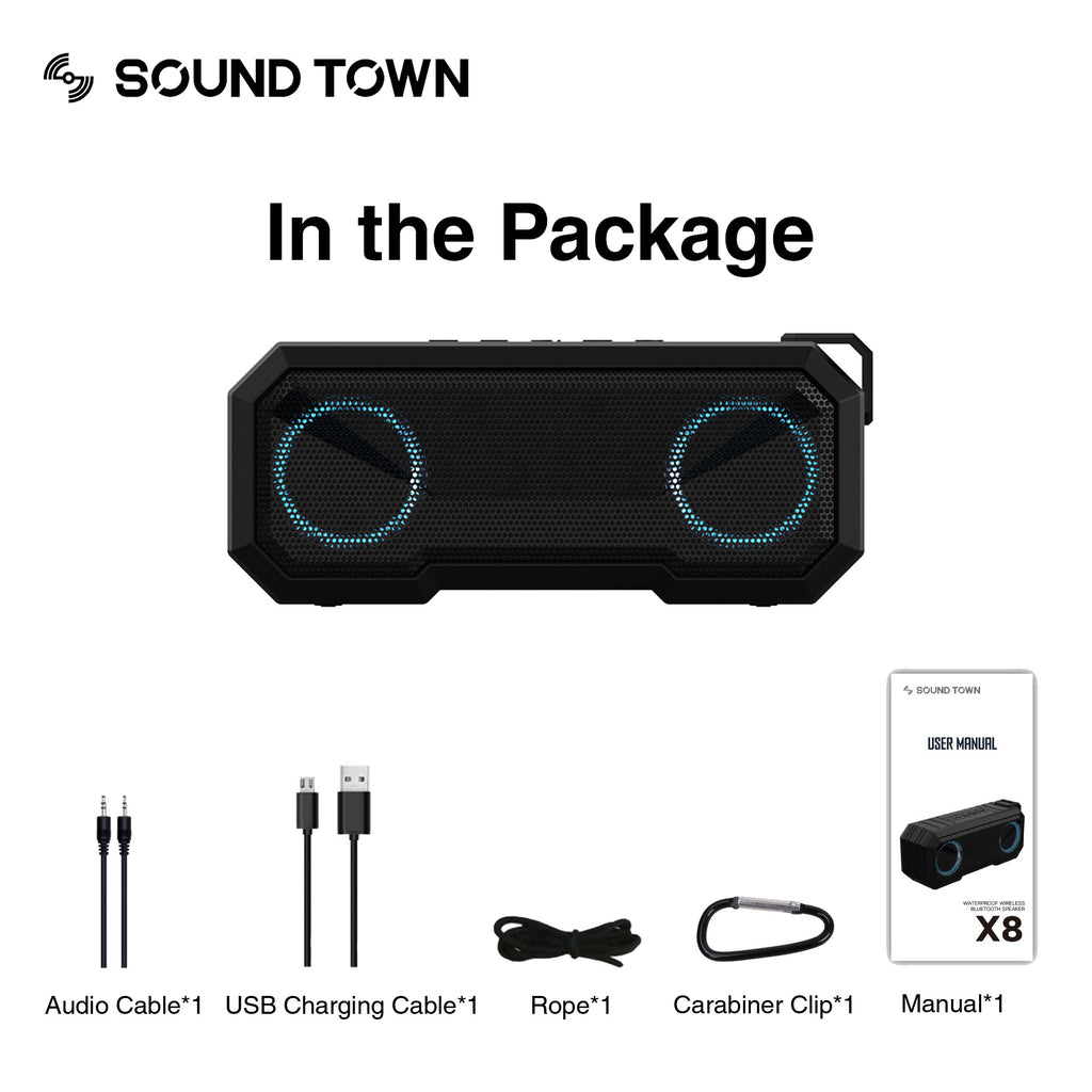 Sound Town X8 Portable Bluetooth Speaker, TWS Bluetooth, IPX7 Waterproof, Stereo Sound, LED Light, Built-in Mic for Phone Calls and Battery Power Bank, for Home and Outdoor, Black - In the Package, Included in the Box