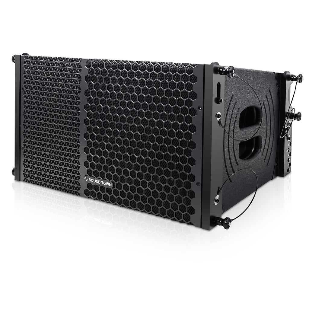 Sound Town ZETHUS-110PWX2 ZETHUS Series 1200W Powered Line Array Speaker System with Two 10-inch Powered Line Array Speakers, Black for Installation, Live Sound, Bar, Club, Church - Left Panel