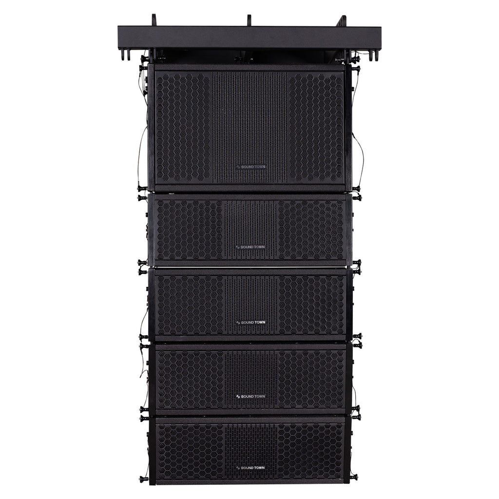 Sound Town ZETHUS-110S-205V2 ZETHUS Series Line Array Speaker System with One 10-inch Line Array Subwoofer, Four Compact Dual 5-inch Line Array Speakers, Black - Front