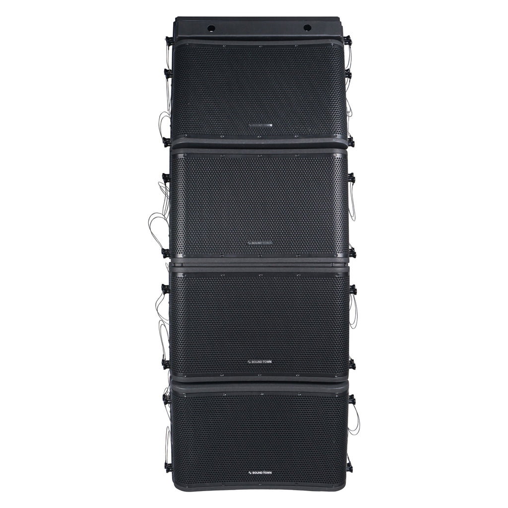 Sound Town ZETHUS-112BPWX4 ZETHUS Series 4 x 12” Powered 2-Way Line Array Loudspeaker System with Two Titanium Compression Drivers, Black for Live Sound, Club, Bar, Restaurant, Church and School - Front Panel