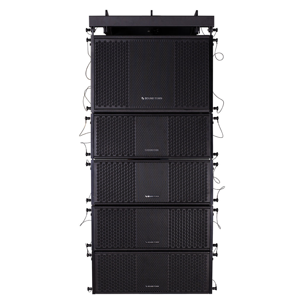 Sound Town ZETHUS-112S-208BV2 ZETHUS Series Line Array Speaker System with One 12-inch Line Array Subwoofer, Four Compact Dual 8-inch Line Array Speakers, Black - Front Panel
