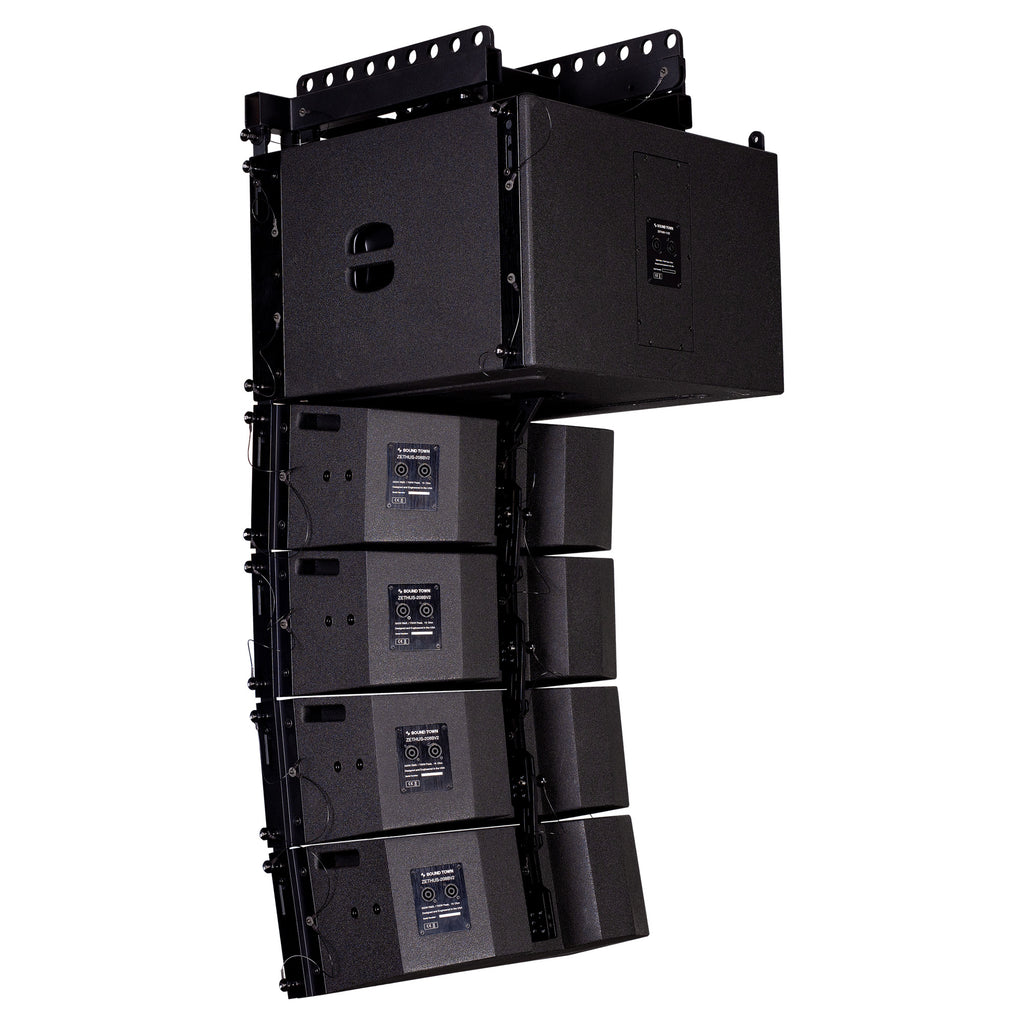 Sound Town ZETHUS-112S-208BV2 ZETHUS Series Line Array Speaker System with One 12-inch Line Array Subwoofer, Four Compact Dual 8-inch Line Array Speakers, Black - Side, Front Panel