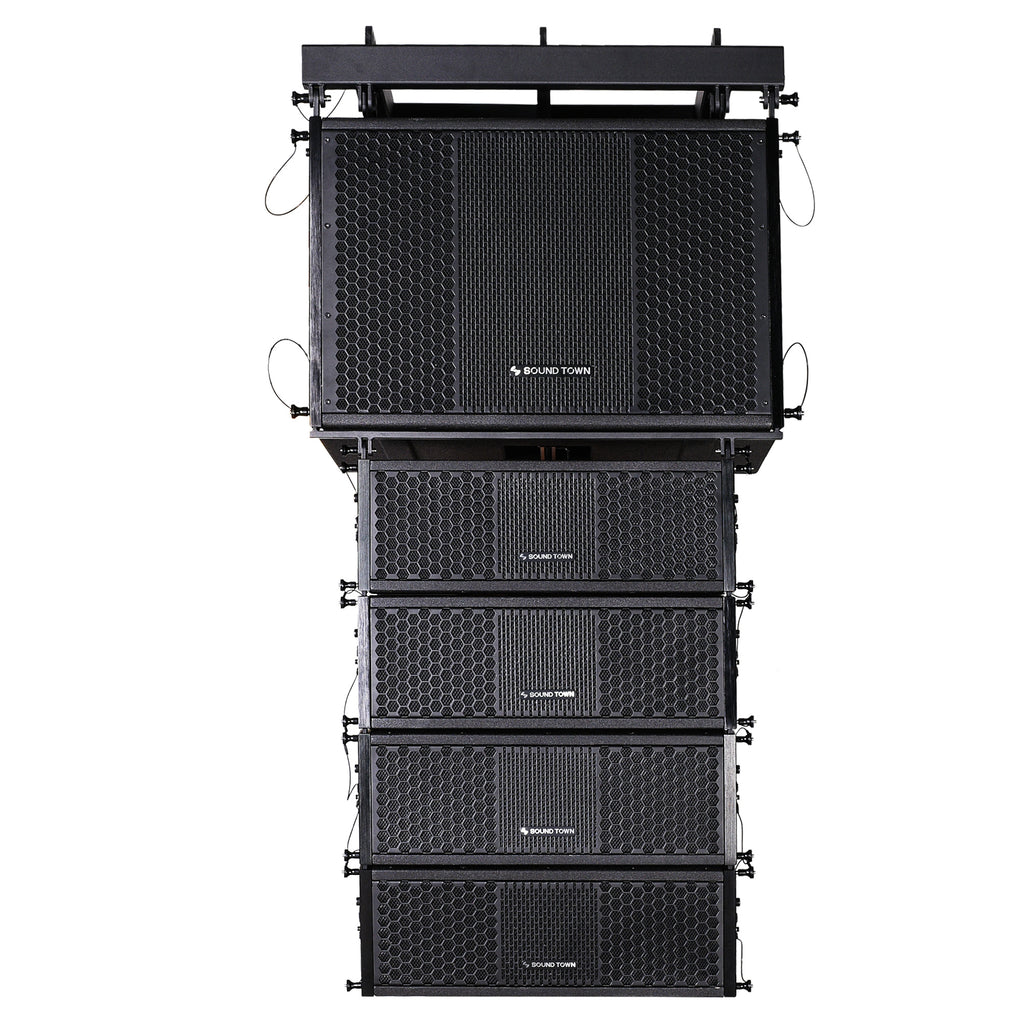 Sound Town ZETHUS-115SPW205V2X4 | ZETHUS Series Line Array Speaker System with One 15-inch Powered Subwoofer, Four Compact Dual 5-inch Passive Speakers, Black - sets front view