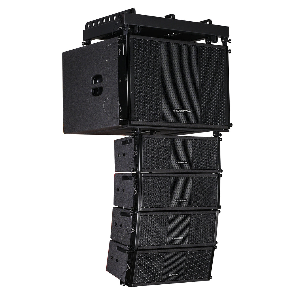 Sound Town ZETHUS-115SPW205V2X4 | ZETHUS Series Line Array Speaker System with One 15-inch Powered Subwoofer, Four Compact Dual 5-inch Passive Speakers, Black - sets side view