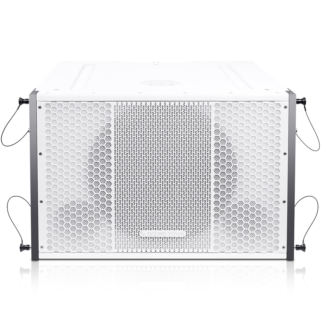 Sound Town ZETHUS-115SWPW208WV2X2 ZETHUS Series Line Array Speaker System with One 15-inch Powered Line Array Subwoofer, Two Compact 2 X 8-inch Line Array Speakers, White - subwoofer front panel