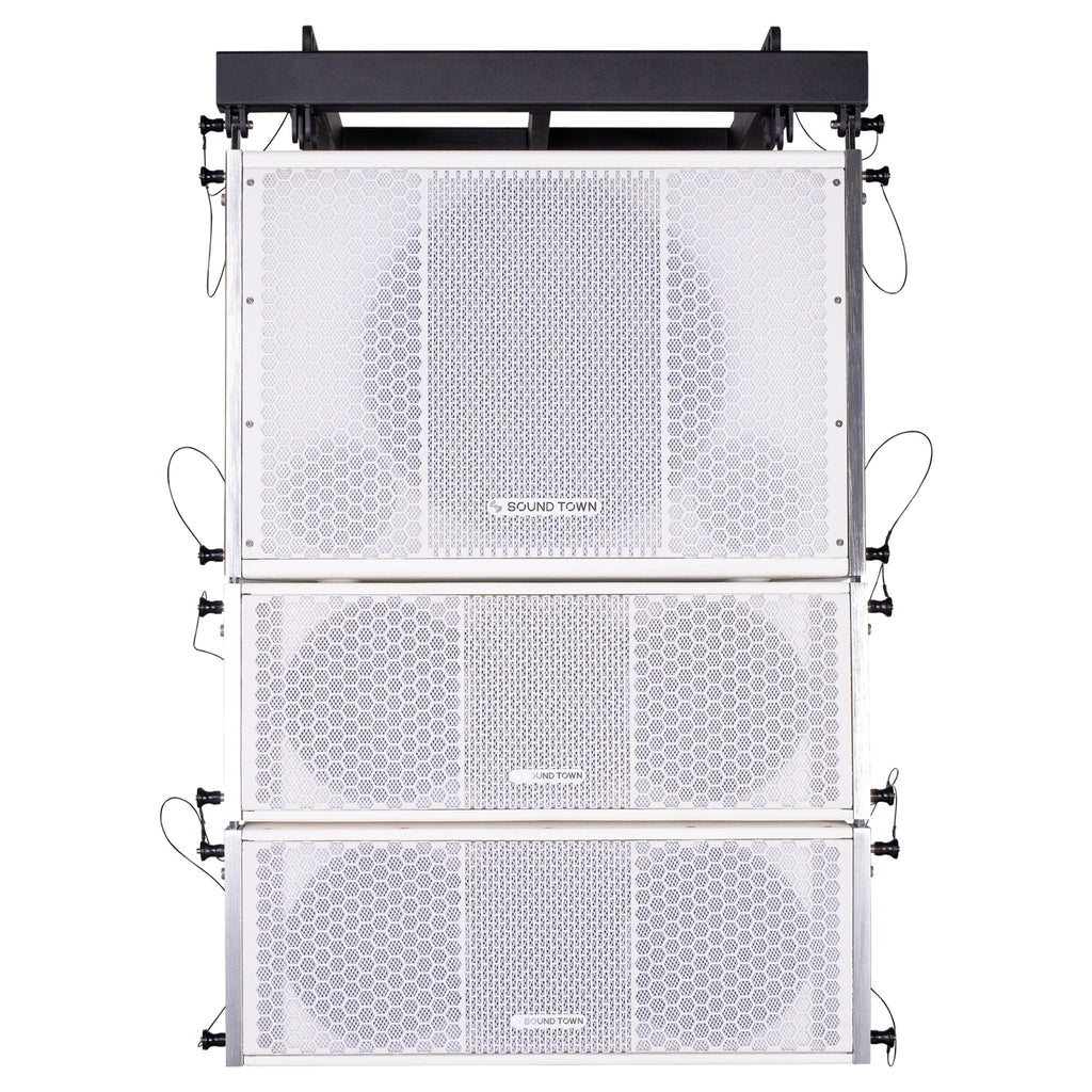 Sound Town ZETHUS-115SWPW208WV2X2 ZETHUS Series Line Array Speaker System with One 15-inch Powered Line Array Subwoofer, Two Compact 2 X 8-inch Line Array Speakers, White - set front panel