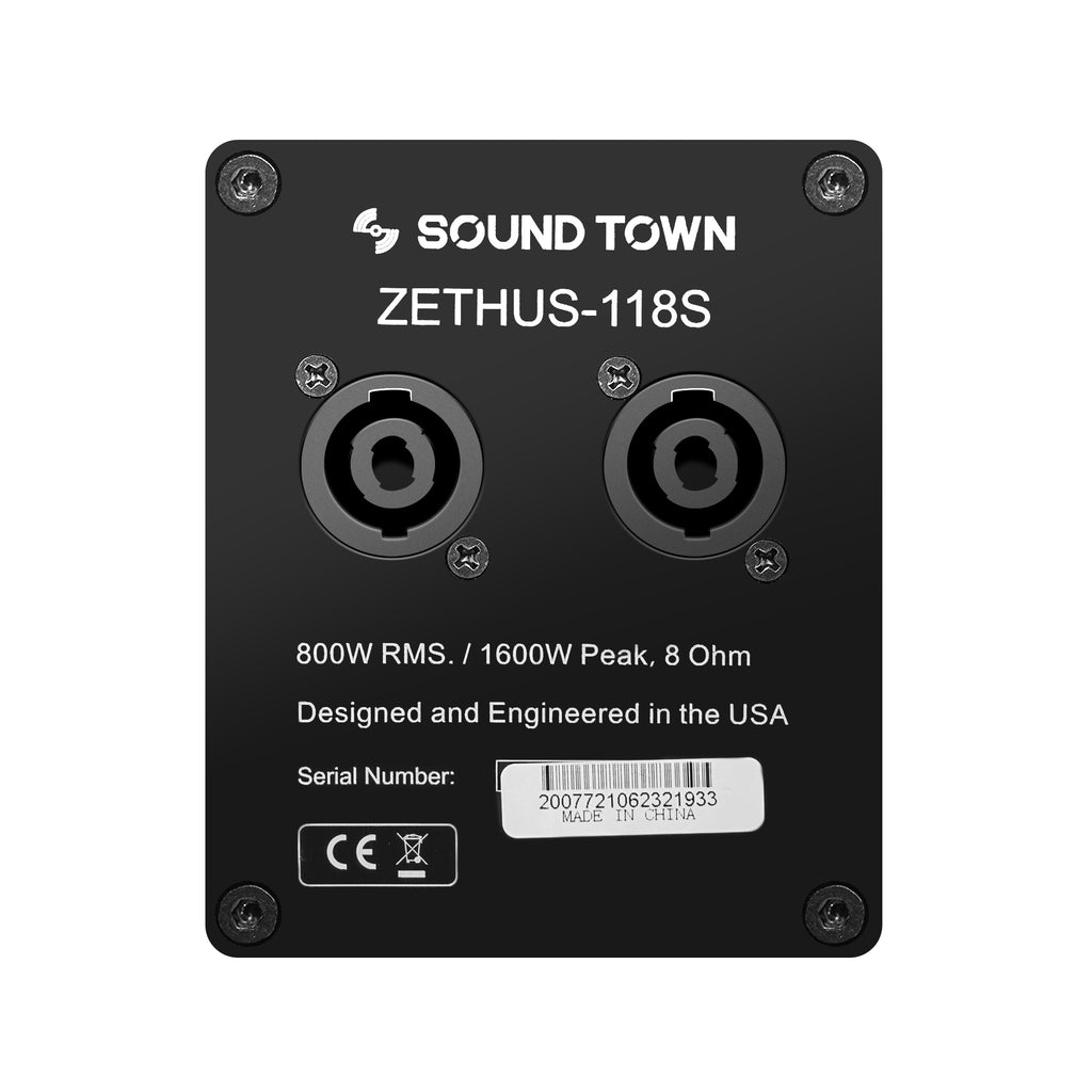 Sound Town ZETHUS-118S210X4 ZETHUS Series 18" 1600W Passive Line Array Subwoofer, Black for Bars, Clubs, Restaurants, Churches, Schools - Jack Plate