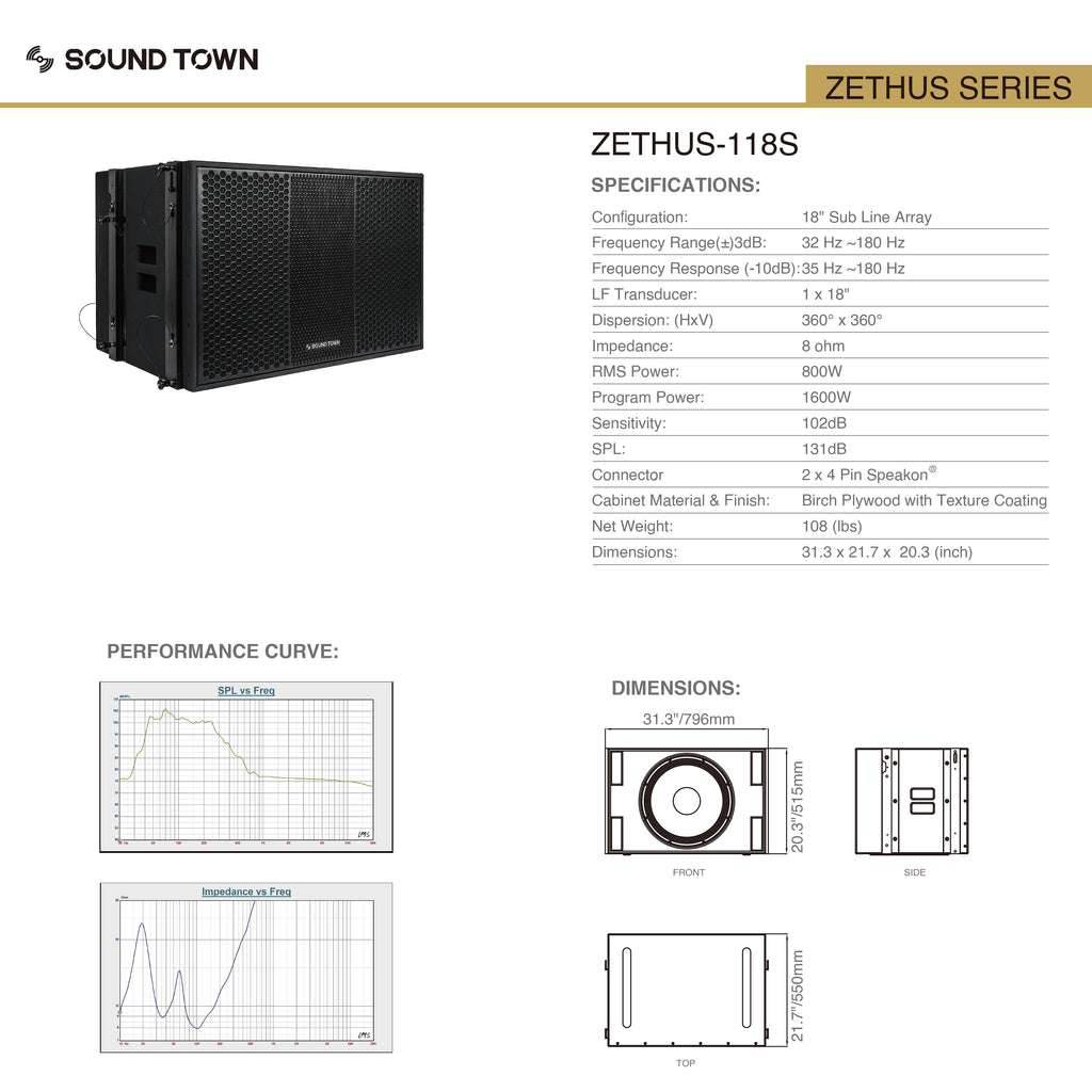 Sound Town ZETHUS-118S ZETHUS Series 18" 1600W Line Array Subwoofer, Black for Bars, Clubs, Restaurants, Churches, Schools - Specifications, Performance Curve, SPL vs. Frequency, Impedance vs. Frequency, Size & Dimensions