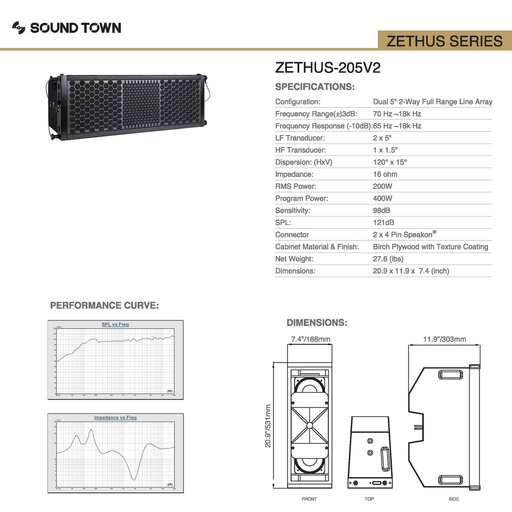 Sound Town ZETHUS-205V2X4 ZETHUS Series 2 X 5” Line Array Loudspeaker System w/ Dual Titanium Compression Drivers, Black - Specifications, Size & Dimensions, SPL vs. Frequency, Impedance vs. Frequency, Performance Curve
