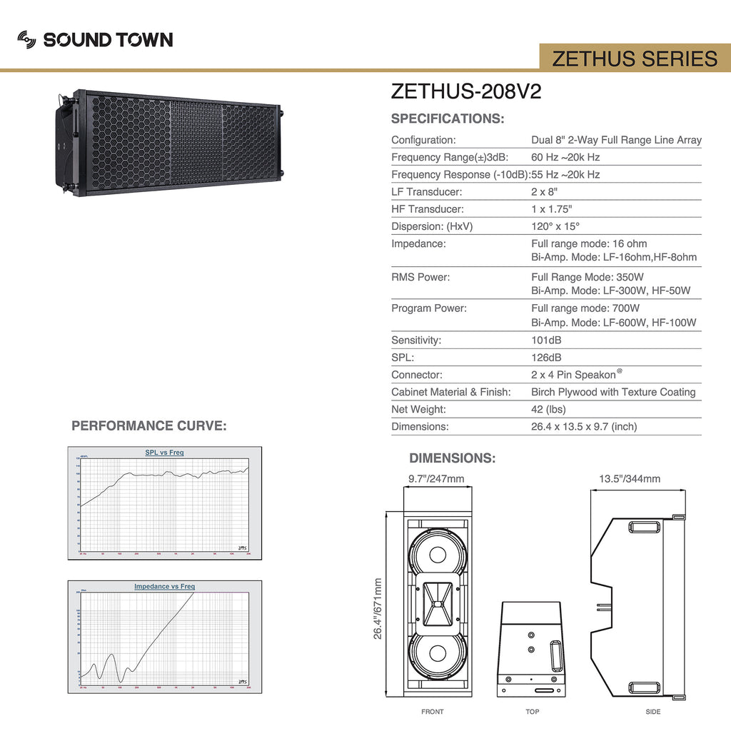 Sound Town ZETHUS-208BV2-2PAIRS Dual 8-inch Line Array Speaker System, Black - Specifications, Details, SPL vs. Frequency, Impedance vs Frequency Performance Curve, Dimensions