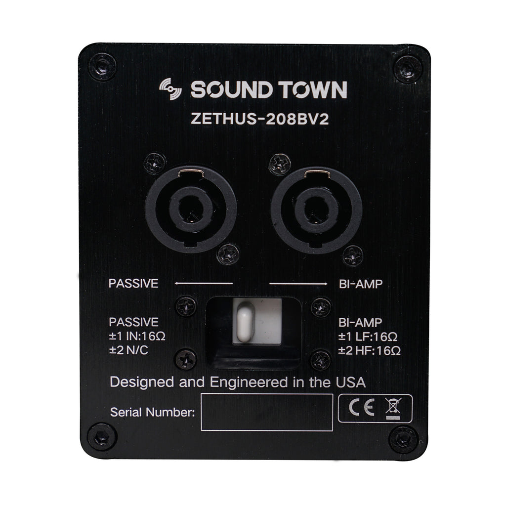 Sound Town ZETHUS-208BV2 | ZETHUS Series Dual 8" Passive Line Array Loudspeaker, 700W, Full-Range/Bi-Amp Switchable, Birch Plywood, Black - Input Connectors
