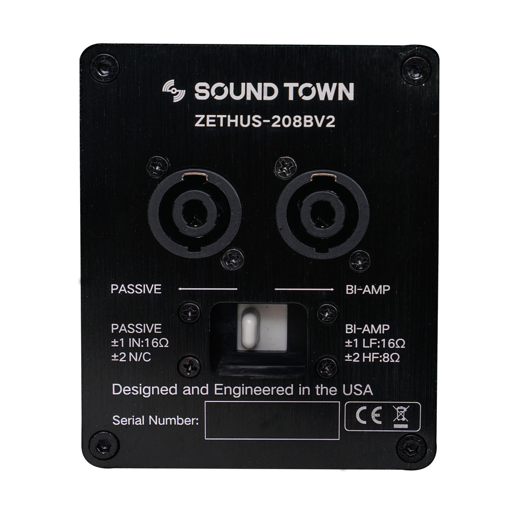 Sound Town ZETHUS-208X4A6 ZETHUS Series 2 x 8” Line Array Loudspeaker, w/ Titanium Compression Driver, Plywood, Full Range/Bi-amp Switchable, Black - Jack Plate