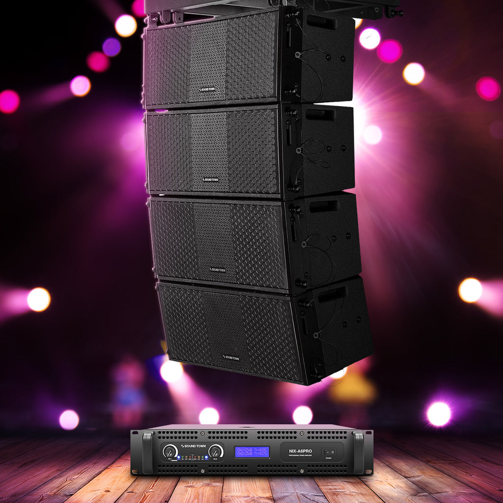 Sound Town ZETHUS-208X4A6 ZETHUS Four Dual 8-inch Line Array Speaker and Professional Amplifier System Combo Set, Full Range/Bi-amp Switchable, Black for Concerts, Live Events