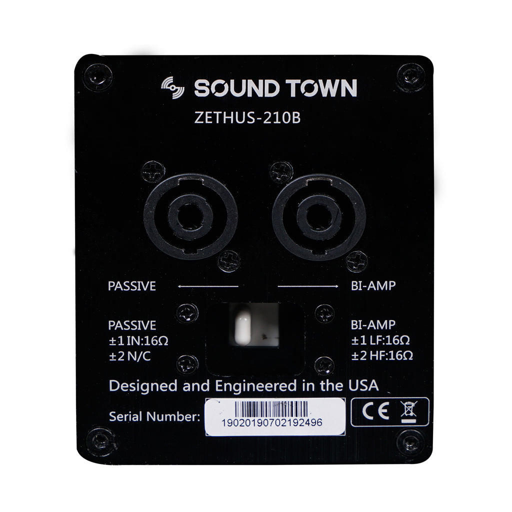 Sound Town ZETHUS-210X4A8 ZETHUS Series Dual 10” Line Array Loudspeaker System with Dual Titanium Compression Drivers, Full Range/Bi-amp Switchable, Black - Jack Plate BI-AMP