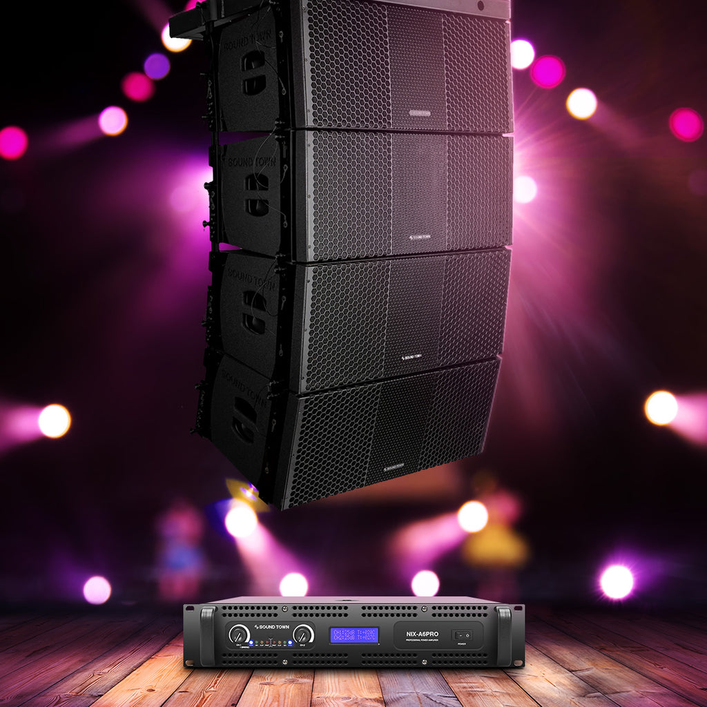 Sound Town ZETHUS-210X4A8 ZETHUS Four Dual 10-inch Line Array Speaker and Professional Amplifier System Combo Set, Full Range/Bi-amp Switchable, Black for Concerts, Live Events