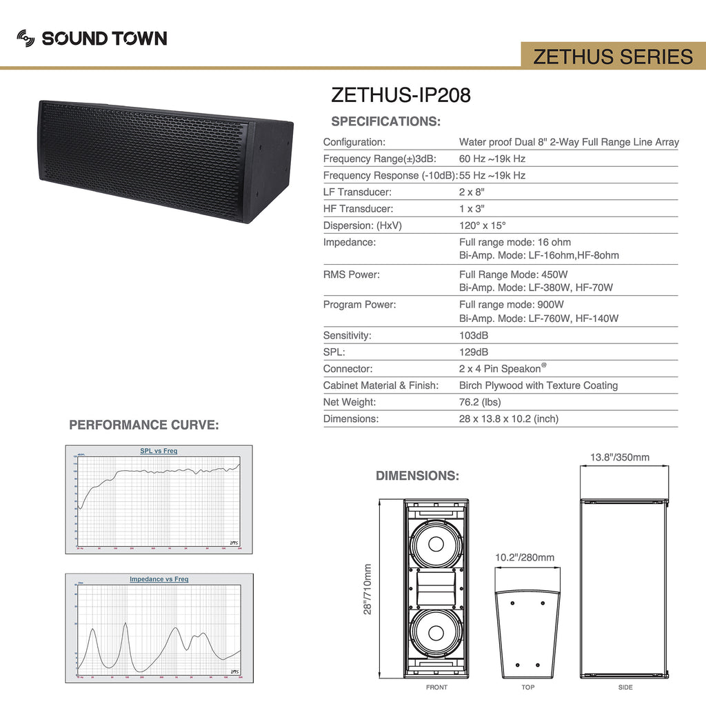 Sound Town ZETHUS-IP208 ZETHUS Series Dual 8” 900W  Water-Resistant Passive Line Array Loudspeaker with 3” Titanium Compression Driver, Full Range/Bi-amp Switchable, Black - Specifications, Performance Curve, SPL vs. Frequency, Impedance vs. Frequency, Size & Dimensions