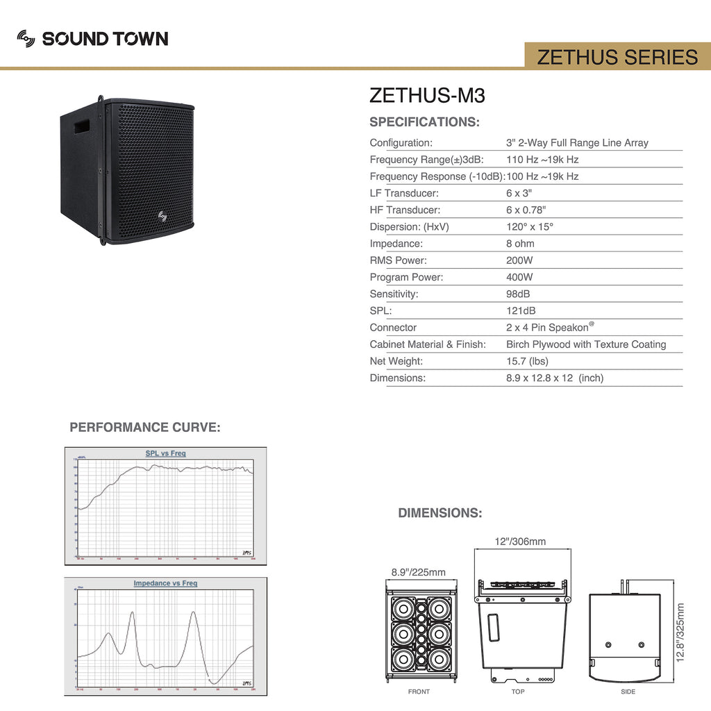 Sound Town ZETHUS-M3 ZETHUS Series 2-Pack Compact Passive Line Array PA Speakers, Black, for Live Sound, Stage Performance, Clubs, Churches and Schools - Specifications, Performance Curve, SPL vs. Frequency, Impedance vs. Frequency, Dimensions